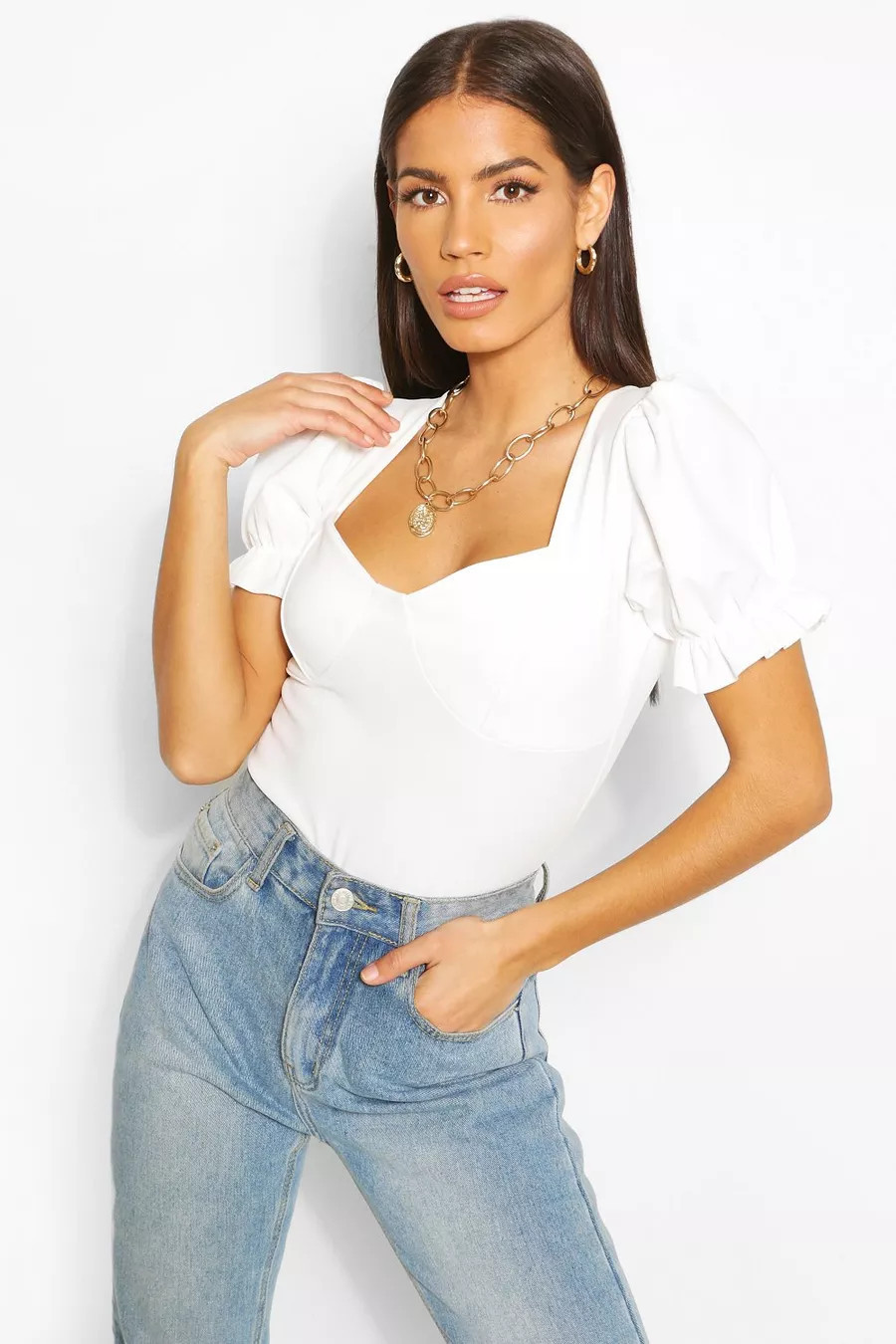 Crepe Sweetheart Puff Sleeve Bodysuit | Boohoo.com (US & CA)
