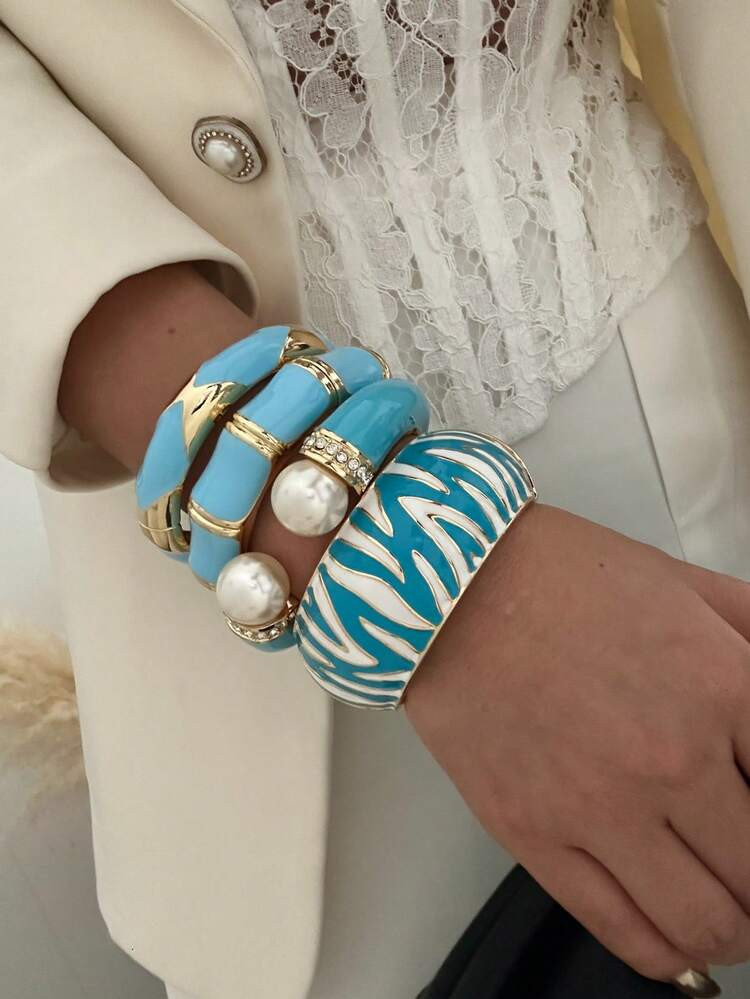 1pc Blue Zebra Striped Enamel Ombre Pearl Rhombus Alloy Bangle Bracelet, Suitable For Women's Daily Commute, Gathering With Friends, Romantic Festivals, Street Photography, Fashion Shows (The Texture And Color Of The Bracelet May Differ From The Actual Product) | SHEIN