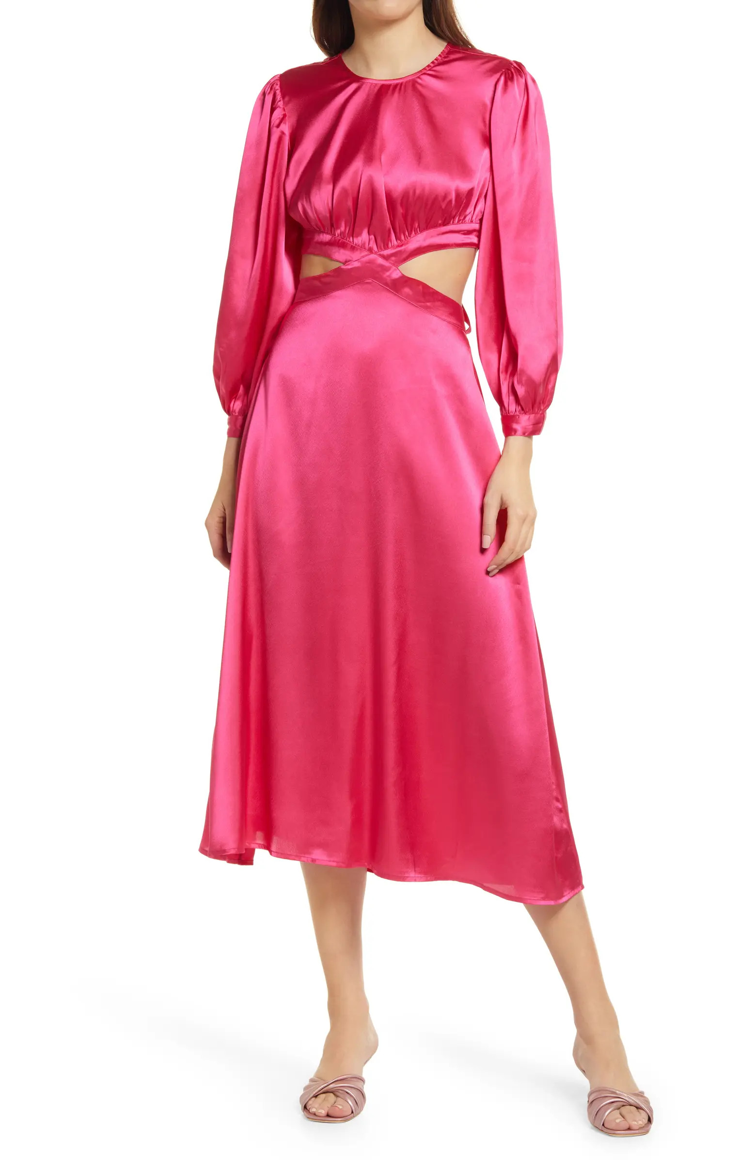 RAHI Cierra Cutout Balloon Sleeve Satin Midi Dress | Nordstrom | Nordstrom