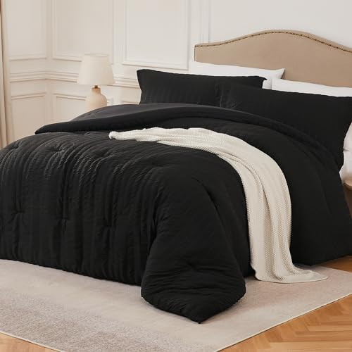 Quataly Black Full Comforter Set - 3 Pieces Seersucker Lightweight Bedding Comforter Sets (1 Soft Fluffy Comforter & 2 Pillowcases) - All Seasons Cozy Luxury Bed Sets for Women Men | Amazon (US)