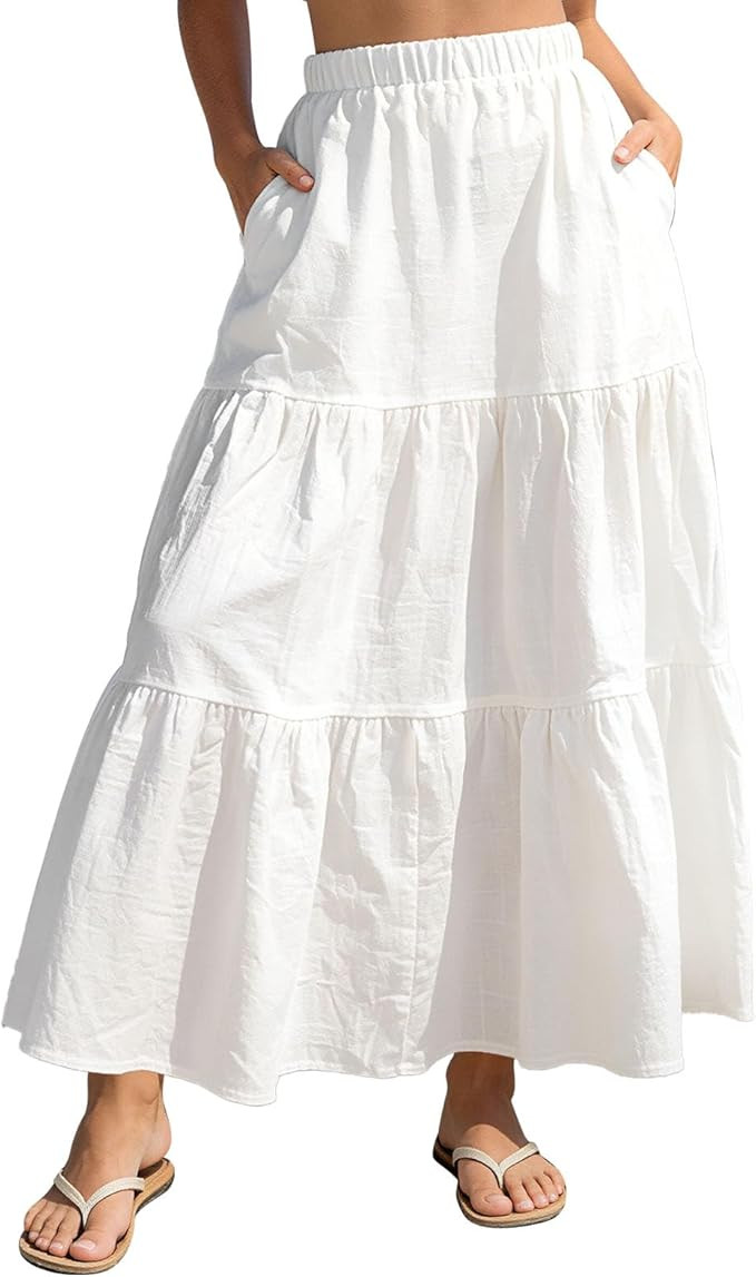 Womens Long Skirts 2026 Summer Boho Elastic High Waisted A-Line Lace Hollow Out Tiered Flowy Maxi... | Amazon (US)