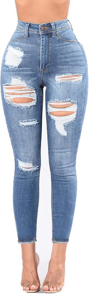 Women's High Waisted Stretch Ripped Skinny Jeans Juniors Destroyed Butt Lifting Denim Pants | Amazon (US)