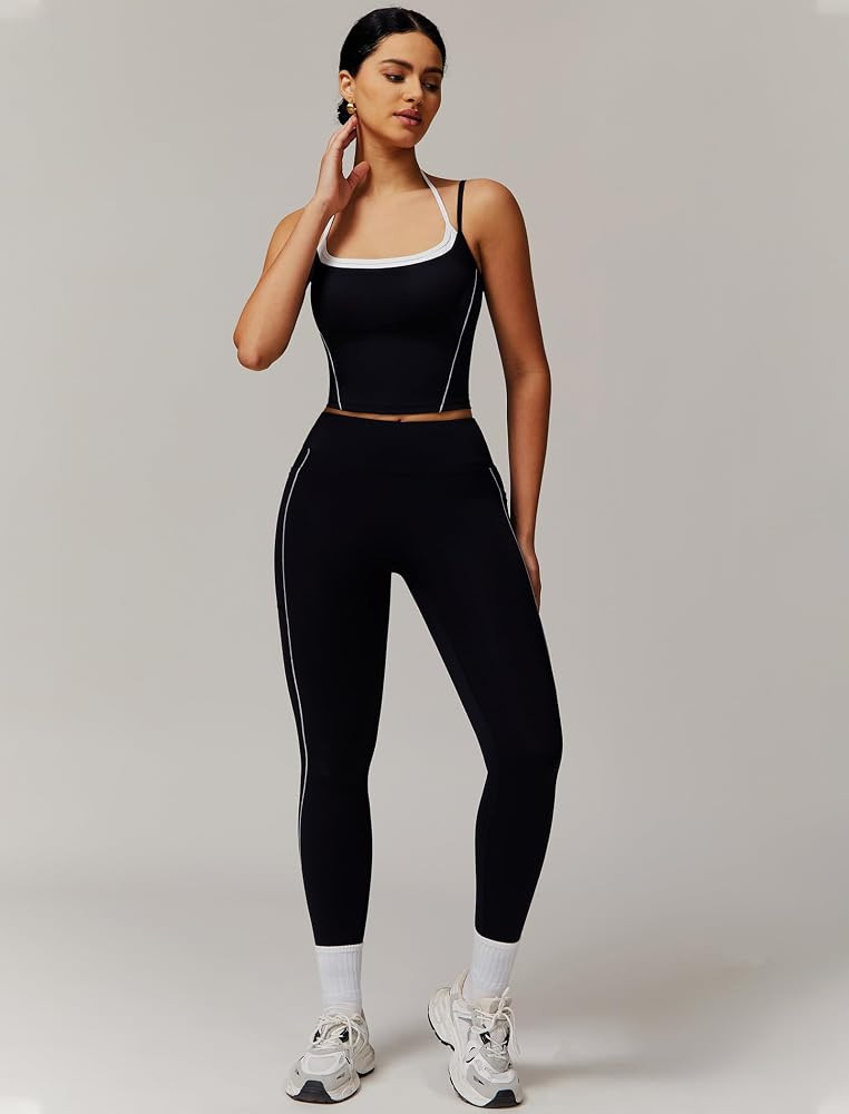 QBGJTD Womens Workout Sets Two Piece Spaghetti Straps Tank Top Matching High Waist Leggings Gym W... | Amazon (US)