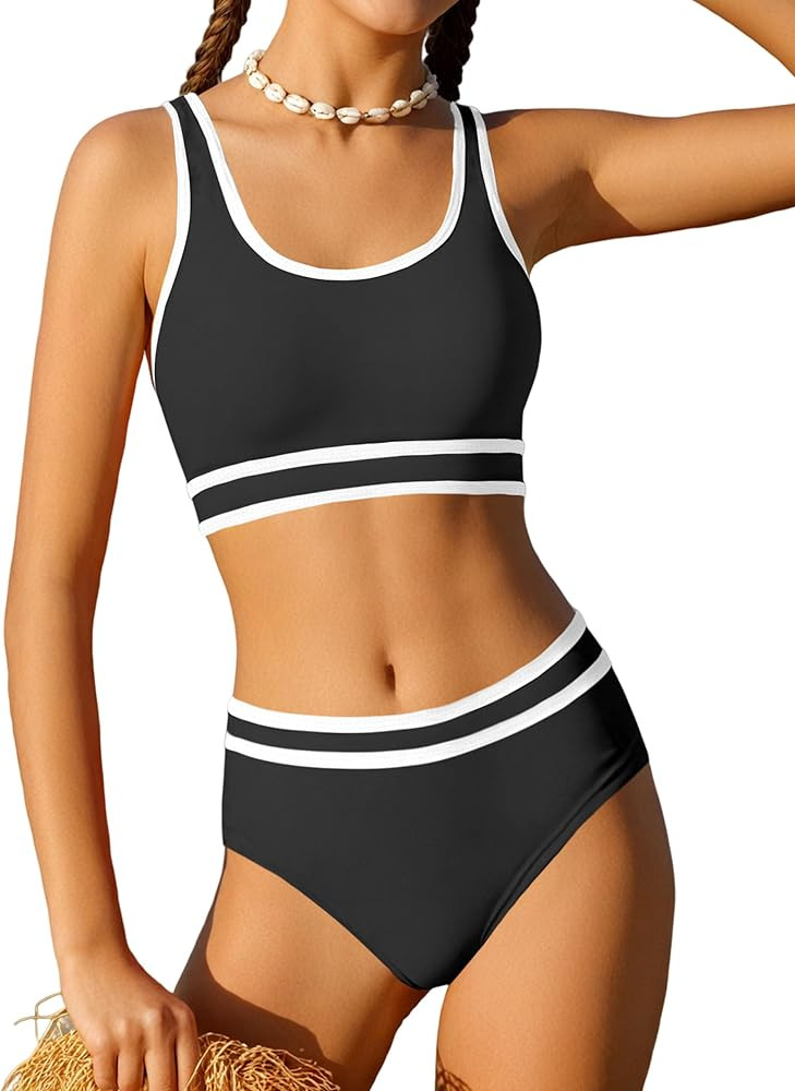 Girls Swimsuit Double Strap High Waist Sporty Bikini Swimsuits Swim Cover Up Skirt 3 Piece Set | Amazon (US)