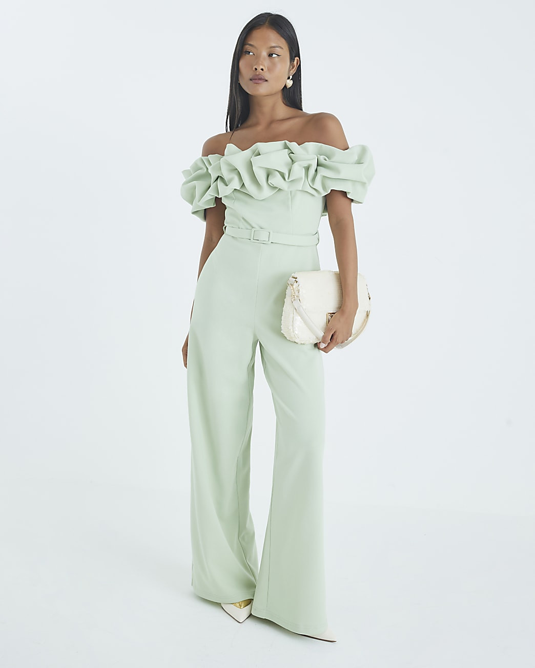 Petite Green Ruffle Bardot Jumpsuit | River Island UK & IE