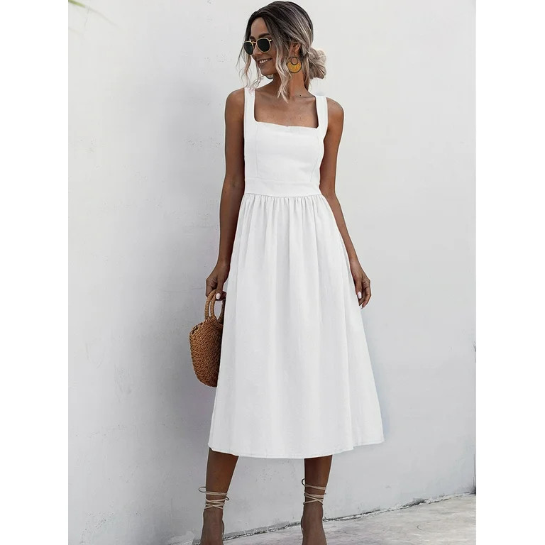 Hotian Women Square Neck Shirred Midi Flare Party Tank Dress White S/US4 | Walmart (US)