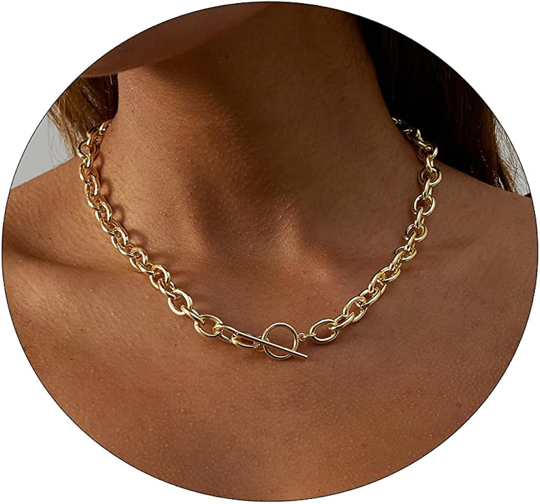 VIROMY Chunky Gold Toggle Necklace 18K Gold Plated Pearl Vintage Paper Clip Link Chain Shining Tw... | Amazon (US)