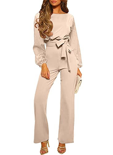 Happy Sailed Casual Jumpsuits for Women Formal Elegant Cocktail Party Boho Jumpsuits Classic Long Sleeve Wide Leg Pant Romper Jumpsuits with Belt X-Large Apricot | Amazon (US)