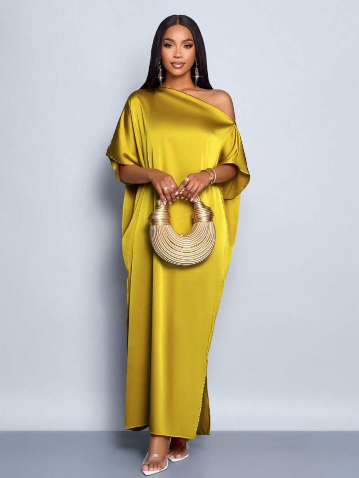 SOLERSUN Women's Elegant Asymmetrical Neck Solid Color Long Shoulder Strap Casual Satin Dress Yellow Satin Dress Satin Maxi Dress | SHEIN