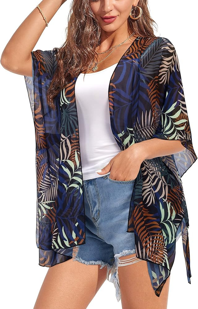 II ININ Women's Floral Print Beachwear Lightweight Cover Up Chiffon Sheer Kimono Cardigan Summer Sho | Amazon (US)