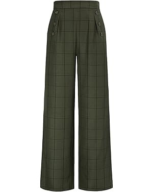 Belle Poque Women's High Waisted Wide Leg Pants Button Decorated Casual Stretchy Trousers with Po... | Amazon (US)