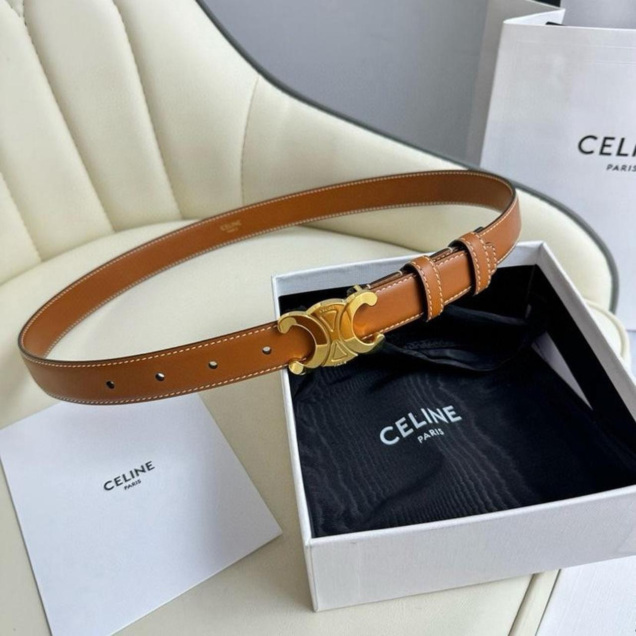 CELINE Women's Belt - Brown/Gold | Depop US