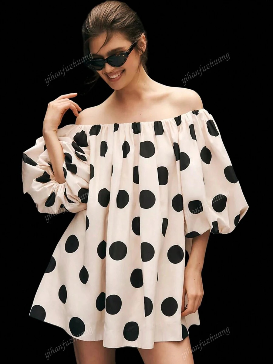 Women's Off Shoulder Dress Casual Puff Sleeve Loose Blouse Mini Dress Beach Short Dresses | SHEIN