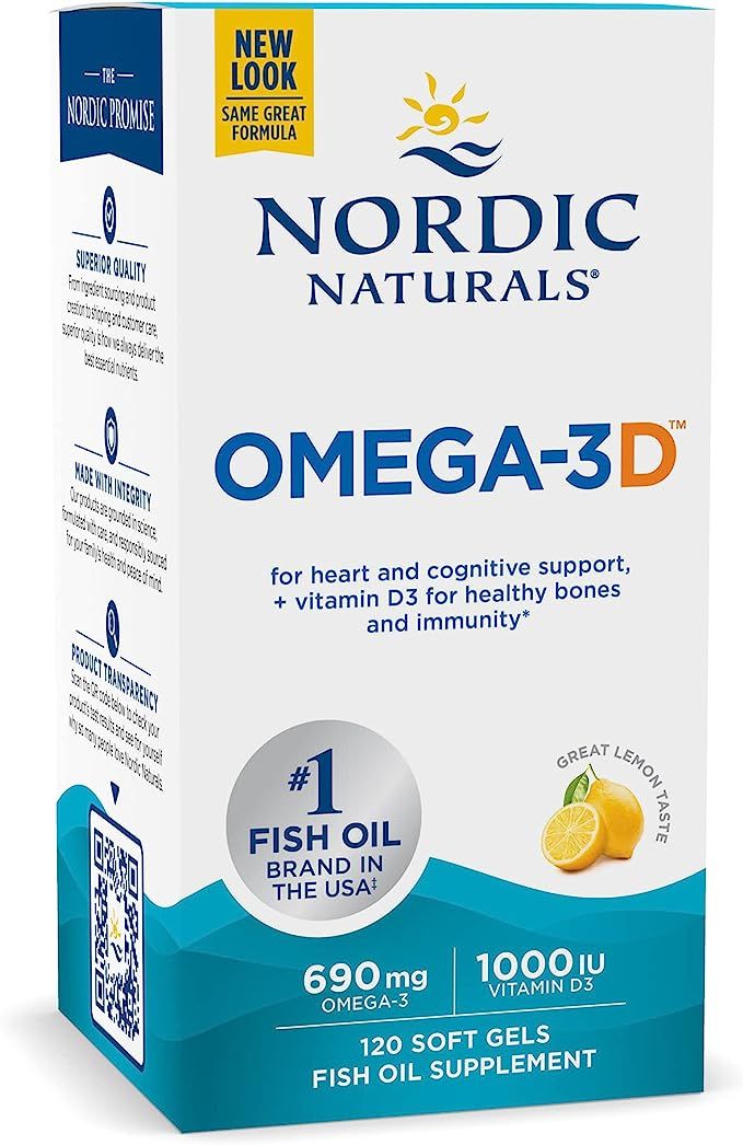 Nordic Naturals Omega-3D, Lemon Flavor - 120 Soft Gels - 690 mg Omega-3 + 1000 IU Vitamin D3 - Fi... | Amazon (US)