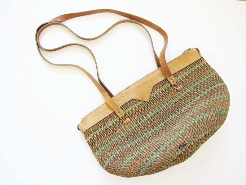 Vintage Woven Sisal Tote Bag Large Jute Tote Bag Striped Green Tan Woven Farmers Market Bag Natur... | Etsy (US)