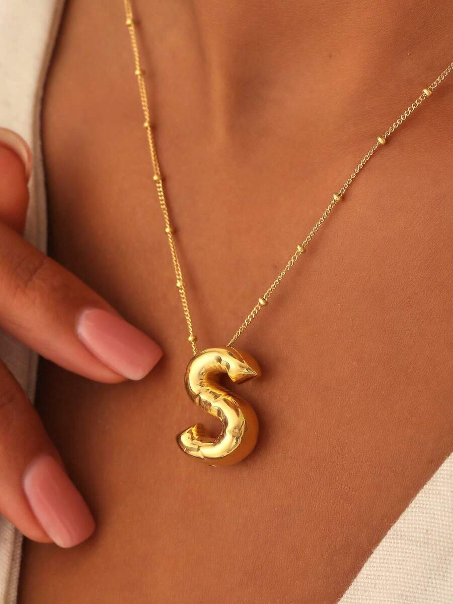 1pc Gold Plated Copper Chunky Alphabet Balloon Bubble Initial Letter Pendant Necklace for Women M... | SHEIN