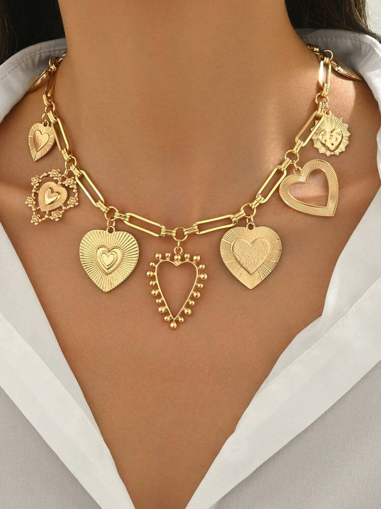 1pc Personalized Multi-Element Heart Shaped Tassel Pendant Necklace, Vintage Fashionable Charm Choker For Women, Adjustable Length Chunky Jewelry, Suitable As Valentine's Day Gift Valentines,Mom,Mother,Mother's Day,Gift | SHEIN