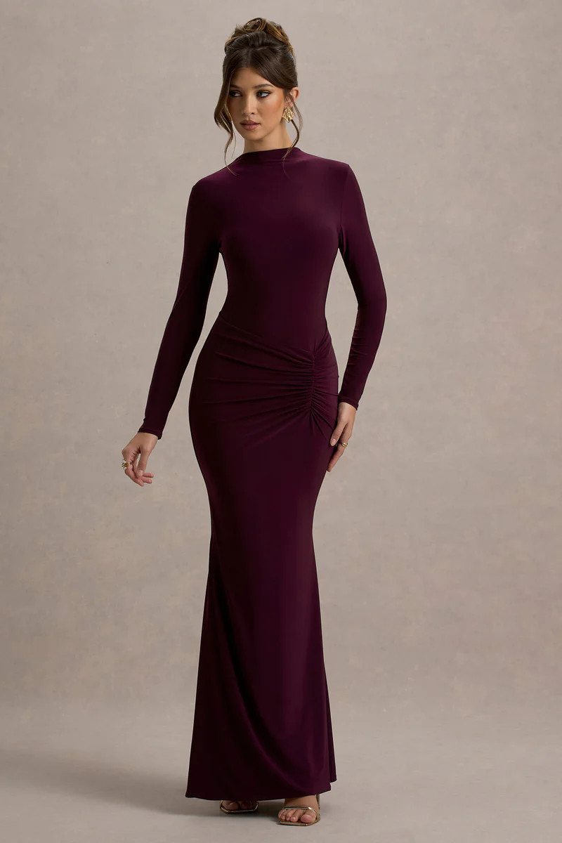 Reid | Plum Long-Sleeve Gathered Maxi Dress | Club L London