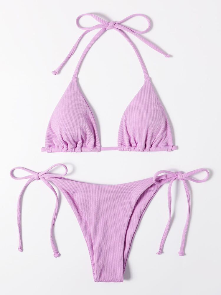 Rib Halter Triangle Tie Side Bikini Swimsuit | SHEIN