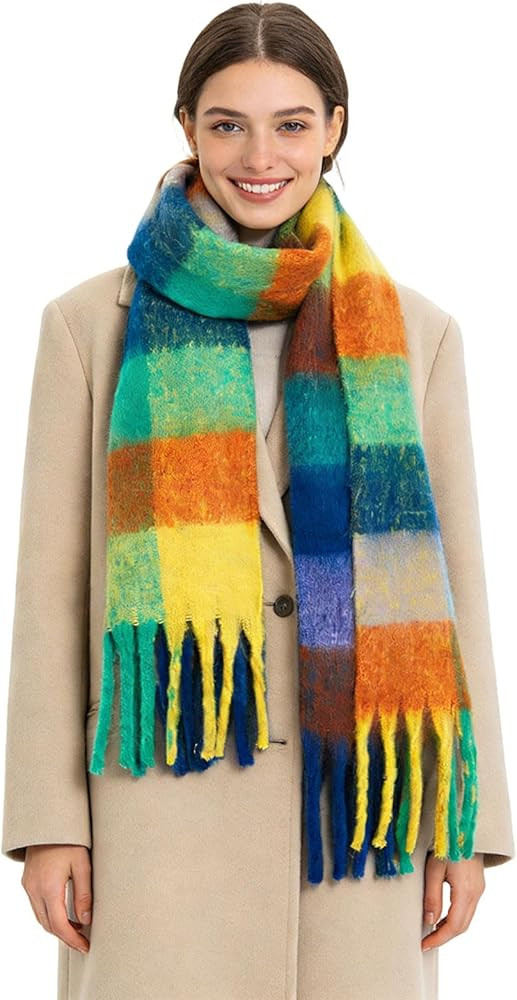 Large Chunky Plaid Scarf Coloured Checked Oversized Scarf Tassel Soft Fall Winter Thick Warm Shaw... | Amazon (US)