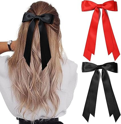 2PCS Silky Satin Hair Bows Hair Clip Black Red Hair Ribbon Ponytail Holder Accessories Slides Met... | Amazon (CA)