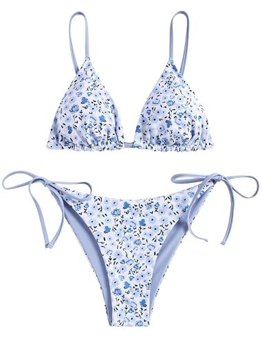 ZAFUL Women's Triangle Bikini Floral String Bikini Set Two Piece Swimsuit Bathing Suits (2-Blue Flower, L) | Amazon (US)