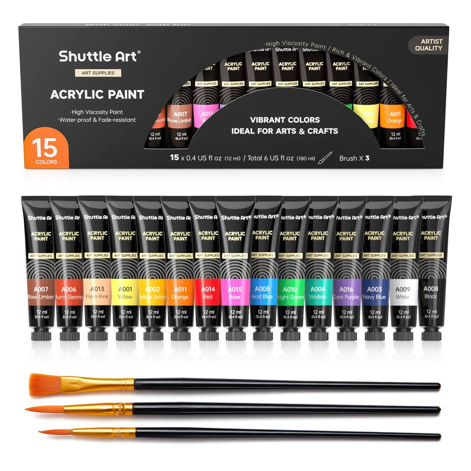 Shuttle Art Acrylic Paint Set, 15 x 12ml Tubes Artist Quality Non Toxic Rich Pigments Colors Perf... | Amazon (US)