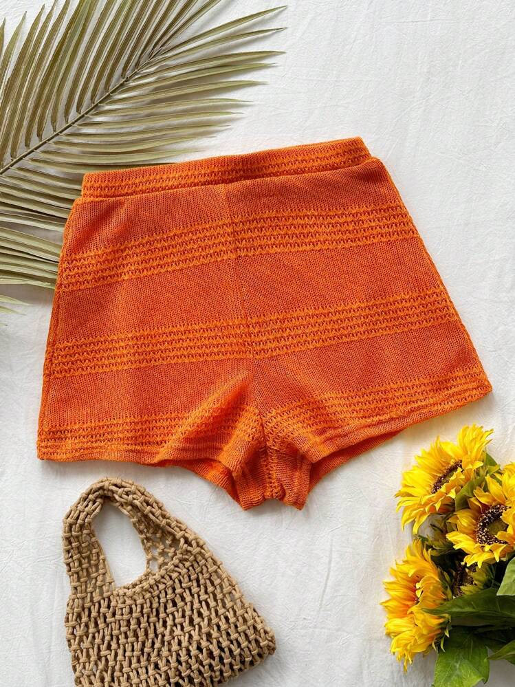 SHEIN WYWH Sommer Damen lässige orange elastische Taille minimalistische gestrickte Textur Short... | SHEIN
