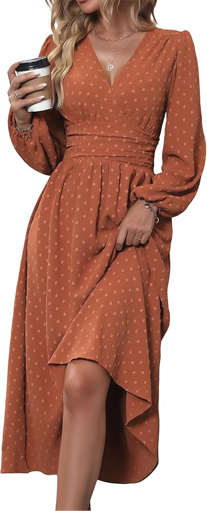 Mettclasi Women's Spring Fall Swiss Dot V Neck Maxi Dress Casual Puff Long Lantern Sleeve A-Line ... | Amazon (US)