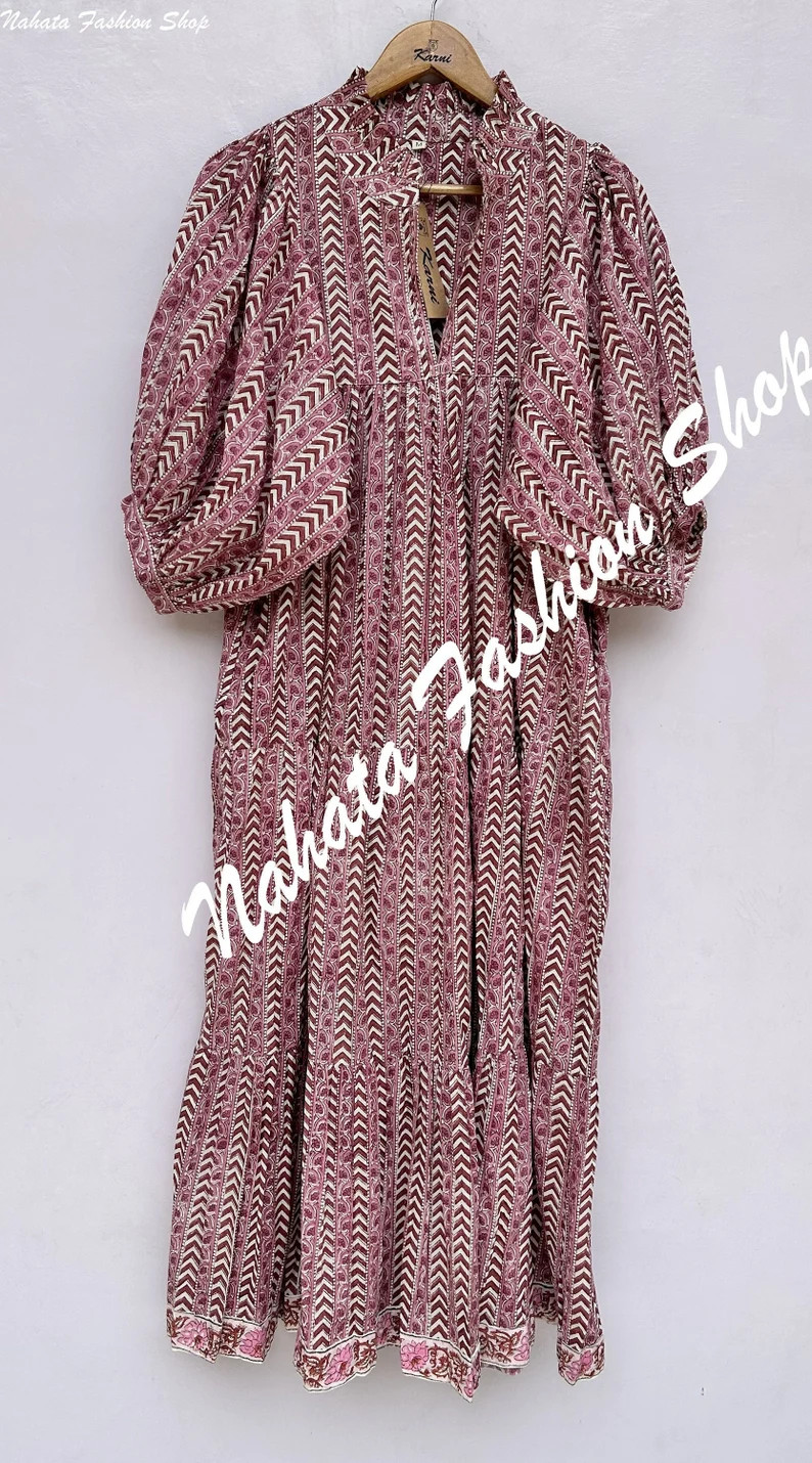 Cotton Pink Brown Floral Strap Printed Women's Maxi Dress V Neckline Summer Long Dress 3-4th Slee... | Etsy (US)