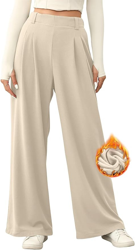 EVALESS Women's Fleece Lined Pants Wide Leg High Waisted Knit Palazzo Pants Business Casual Work ... | Amazon (US)
