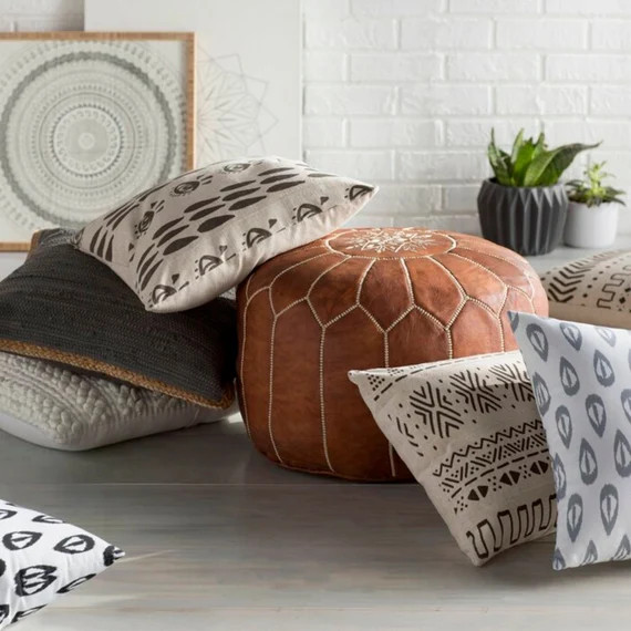 Moroccan Leather Pouf, Turkish Home Decor, Brown Leather Ottoman Pouf, Handwoven Light Tan Pouf | Etsy (US)