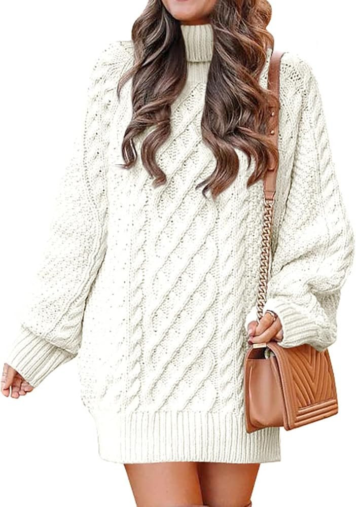ANRABESS Women 2023 Fall Oversized Long Sleeve Turtleneck Cable Knit Chunky Pullover Short Sweate... | Amazon (US)