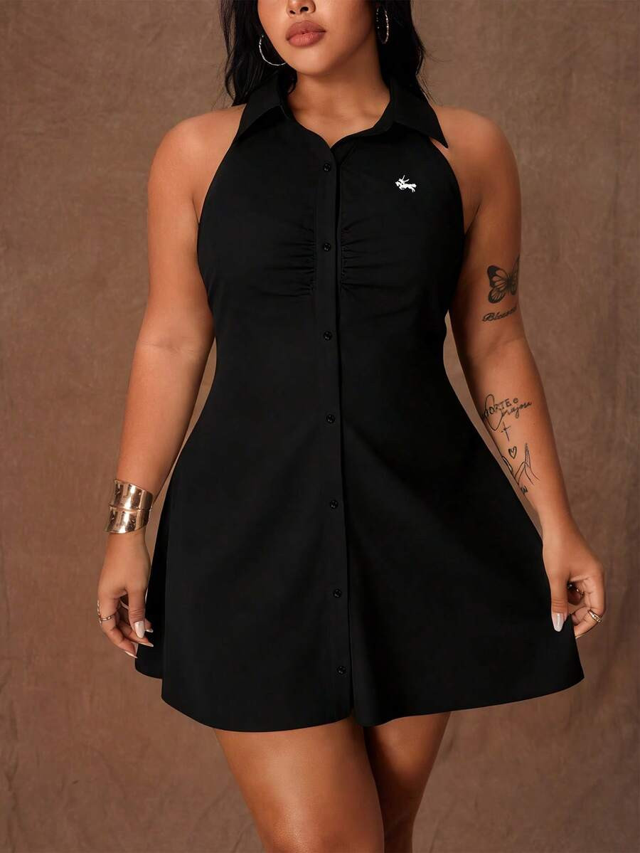 Rustia Plus Size Women Solid Color Front Button Fitted Sleeveless Shirt Dress | SHEIN