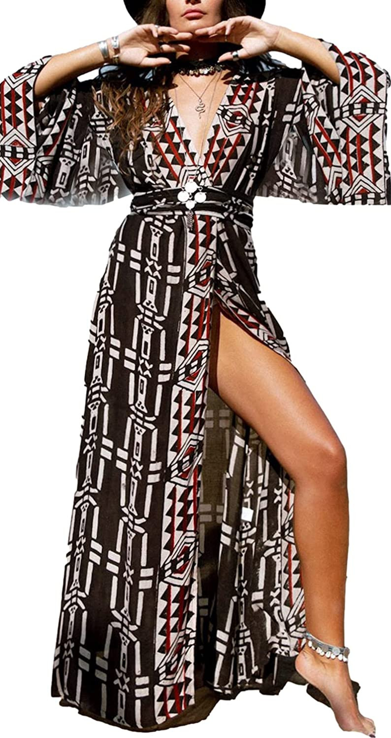 Swimsuit Coverup Kimonos for Women Bird Geometry Print 3/4 Sleeve Kimono Robe Loose Open Front Ki... | Amazon (US)