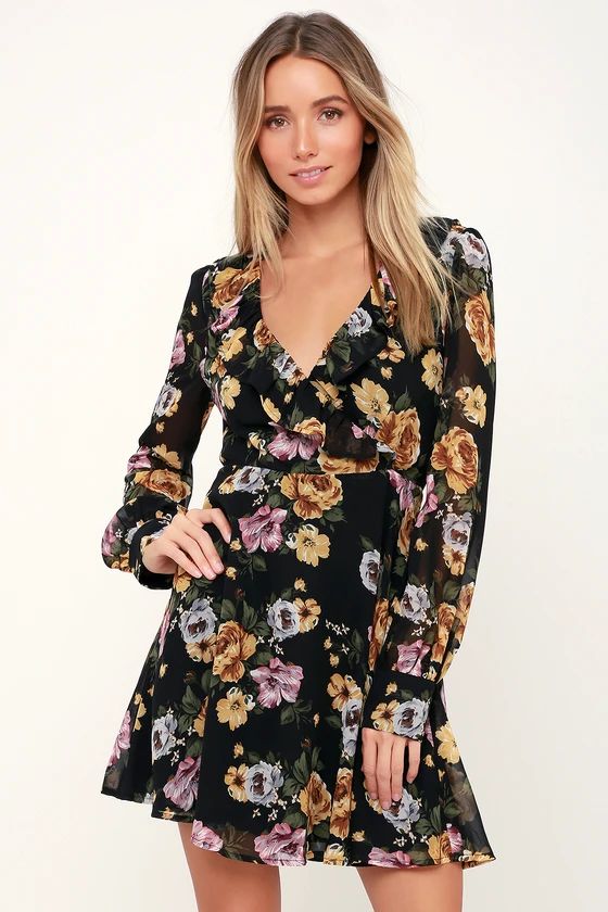 Love Abound Black Floral Print Long Sleeve Dress | Lulus (US)