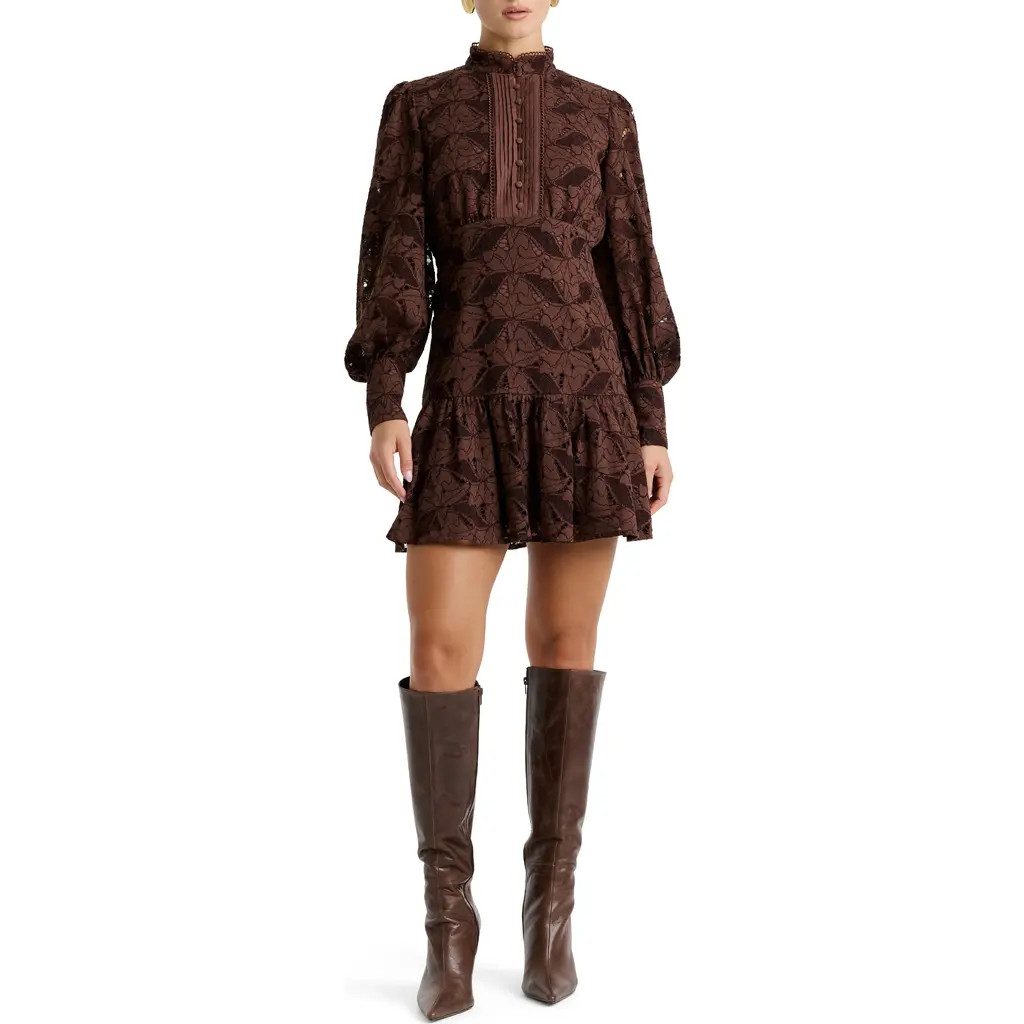 Bardot Remy Long Sleeve Lace Minidress in Chocolate at Nordstrom, Size 8 | Nordstrom