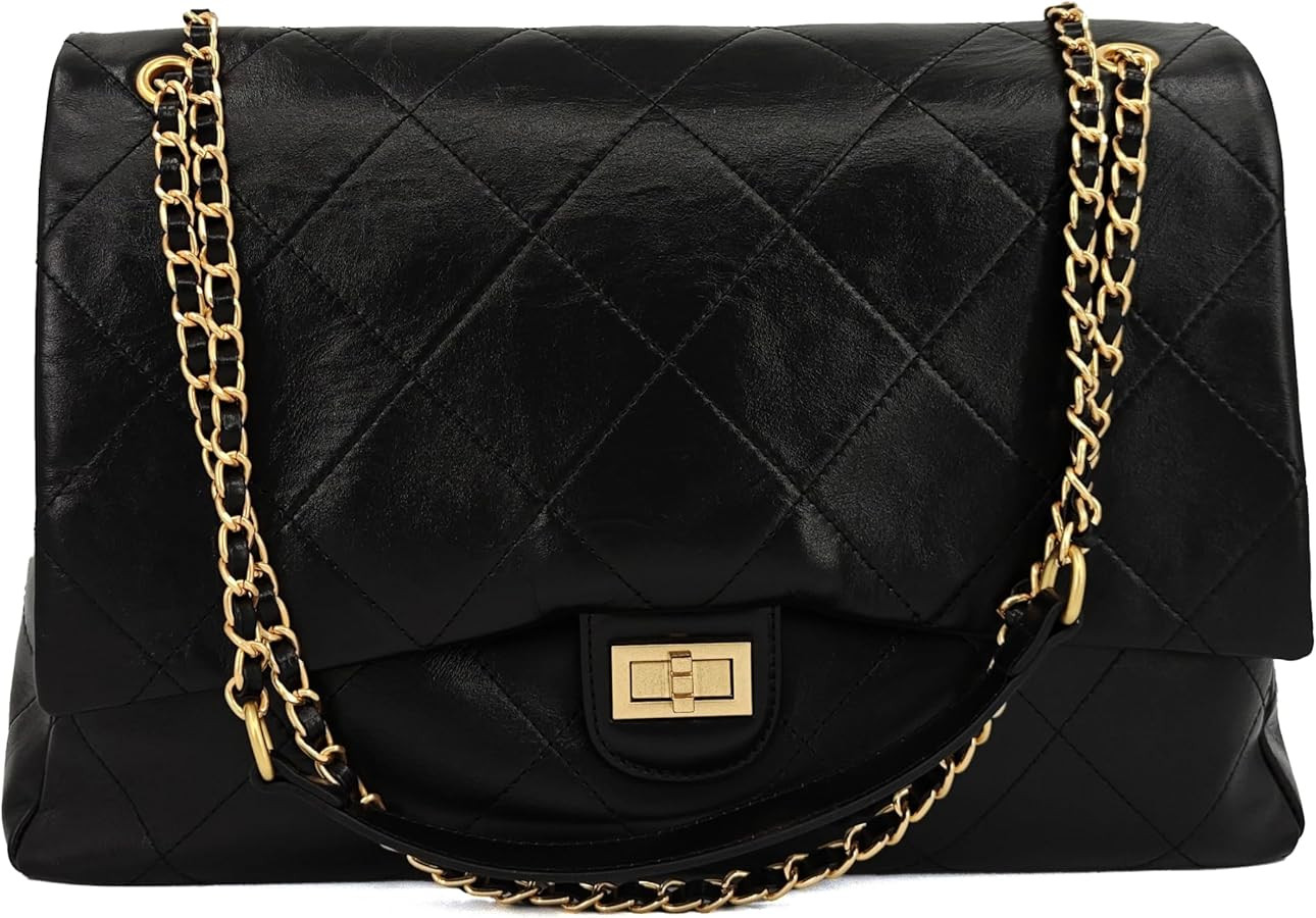 Large Quilted Leather Shoulder Bag for Women, Oversize Double Gold Chain Strap Tote Bag, Classic ... | Amazon (US)