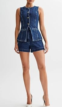 Women's Denim 2 Piece Set Casual Business Sleeveless Jean Blazer Vest Tops and Shorts Outfit Trac... | Amazon (US)