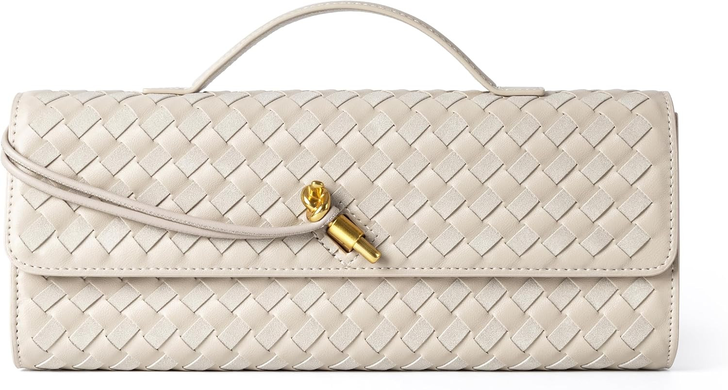 Joryin Woven Purse For Women Evening Clutch Woven Leather Handbags Crossbody Bag Suede Purse Formal Evening Bag, Seashell Beige | Amazon (US)