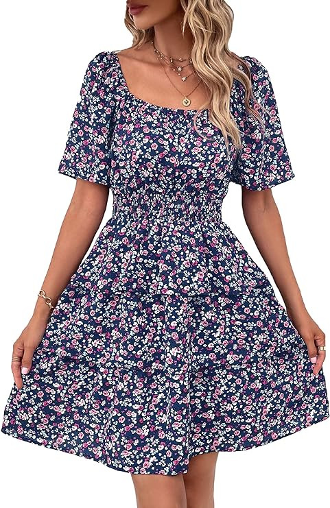 PRETTYGARDEN Women's 2024 Floral Summer Short Dress Square Neck Short Sleeve Tiered Ruffle Boho S... | Amazon (US)