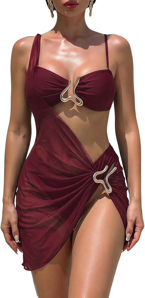 WDIRARA Women's 3 Piece Swimsuit Ring Linked Bikini Set with Sheer Cover Up Dress | Amazon (US)