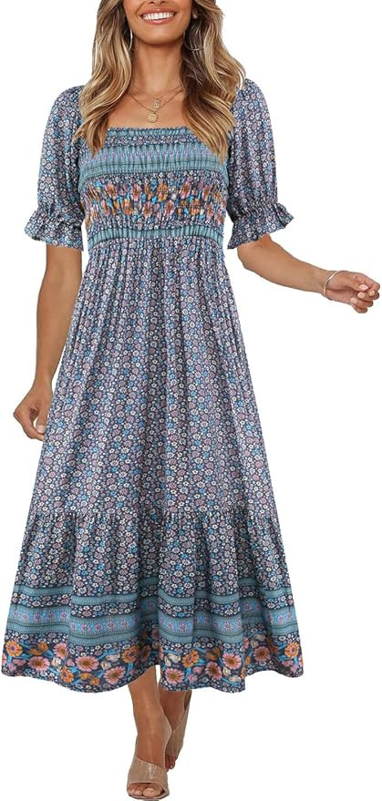 Women's Summer Bohemian Square Neck Floral Print Ruffle Vintage Flowy Beach Vacation Long Midi Bo... | Amazon (US)