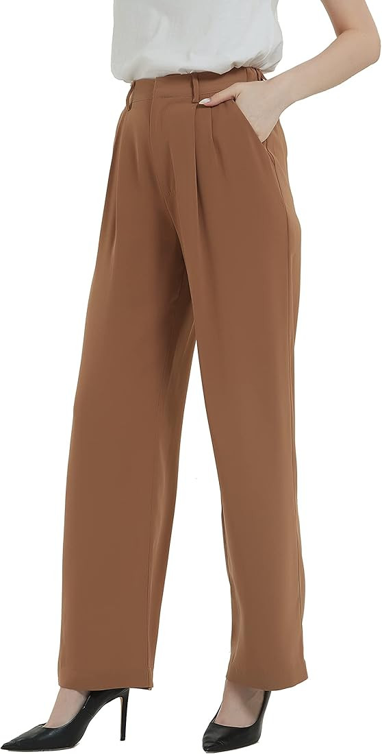 Tronjori Women High Waist Casual Straight Leg Long Dress Pants Wide Leg Trousers Regular Waistband | Amazon (US)