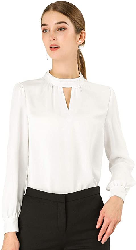 Allegra K Women's Work Office Shirt Keyhole Elegant Stand Collar Long Sleeve Chiffon Blouses Larg... | Amazon (US)