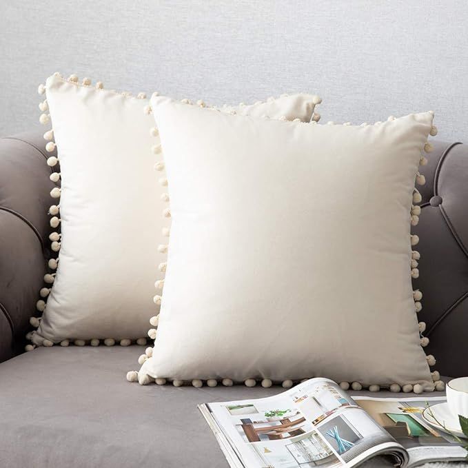 DEZENE Throw Pillow Covers with Pom-poms, 2 Pack Super Soft Velvet Decorative Pillow Cases, Luxur... | Amazon (US)