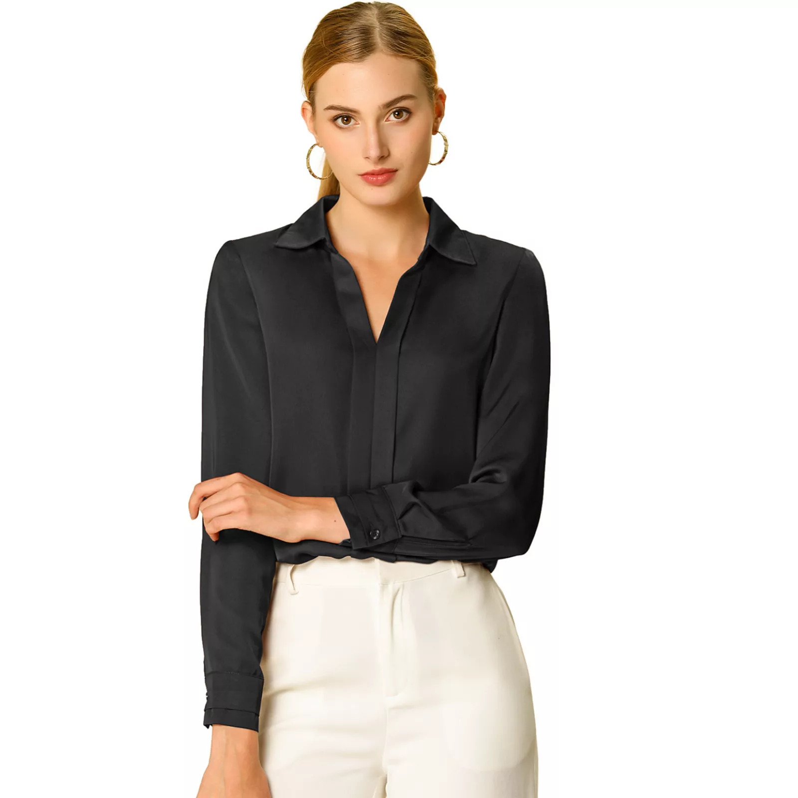 Women's Elegant Solid Color V Neck Satin Long Sleeve Blouse | Kohl's
