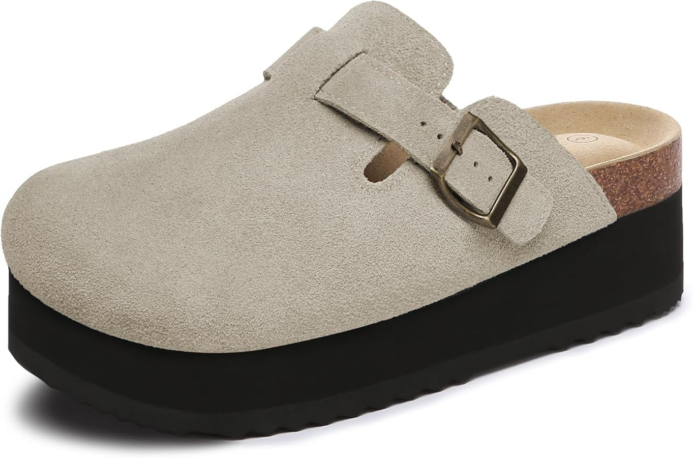 Women's Platform Clogs Adjustable Buckle Cork Footbed Slip on Suede Clog Slippers | Amazon (US)