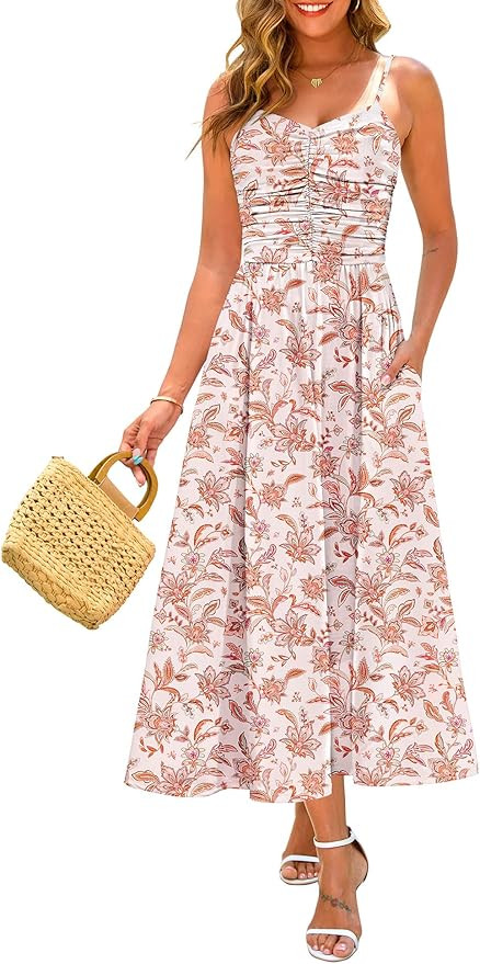 Annebouti Women 2026 Summer Spring Ruched Maxi Dress Adjustable Spaghetti Strap Floral Beach Long... | Amazon (US)