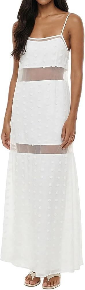 Lizxun Women Long Dress Solid Color See Through Splicing A Line Spaghetti Strap Dress | Amazon (US)